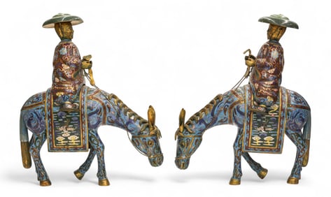 Pair Chinese Cloisonne Gilt Mule and Riders