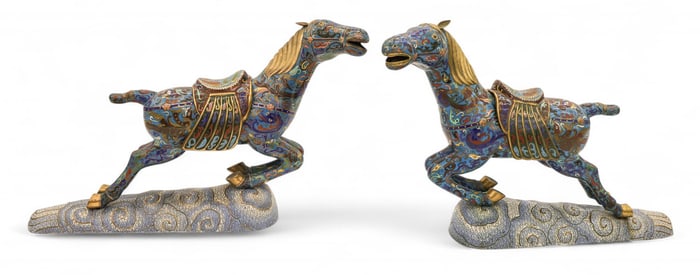 Pair Chinese Cloisonne Large Horses on Clouds