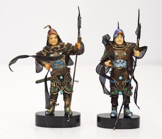 Pair Chinese Vermeil Enameled Silver Warriors