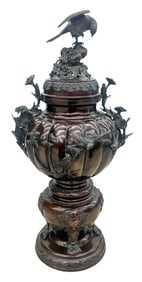 Antique Japanese Large Bronze Koro Censer with Eagle Finial