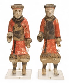 Pair Chinese Han Mingqi Terracotta Tomb Figures on Stands