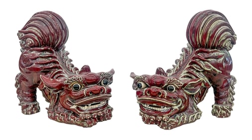 Pair Huo Lan Chinese Flambe Shiwan Foo Lions