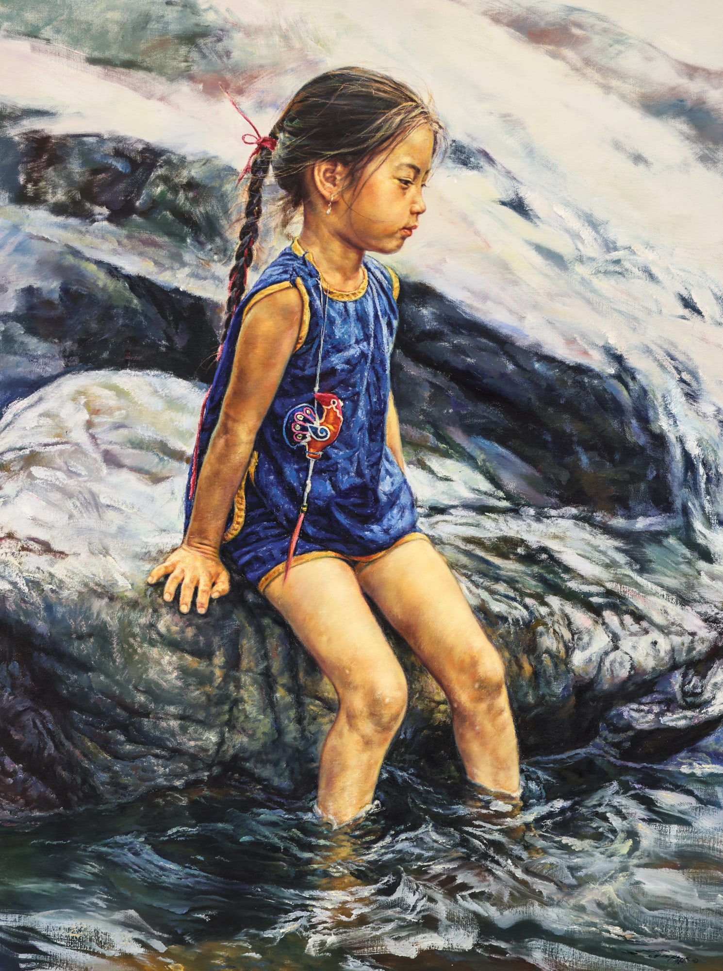 Ming Wai aka Kwok Lo Hing "Summer" (Fish Girl) Oil on Canvas: Ming Wai aka Kwok Lo Hing (b.1938 Chinese) "Summer" (Fish Girl) Oil on Canvas 40"x30" Image. Signed l.r. and inscribed on verso. Gilt framing 42"x32". Excellent condition.