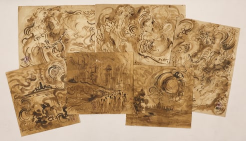 5pc Kusama Affandi Assorted Abstract 1970's Ink Drawings on Paper