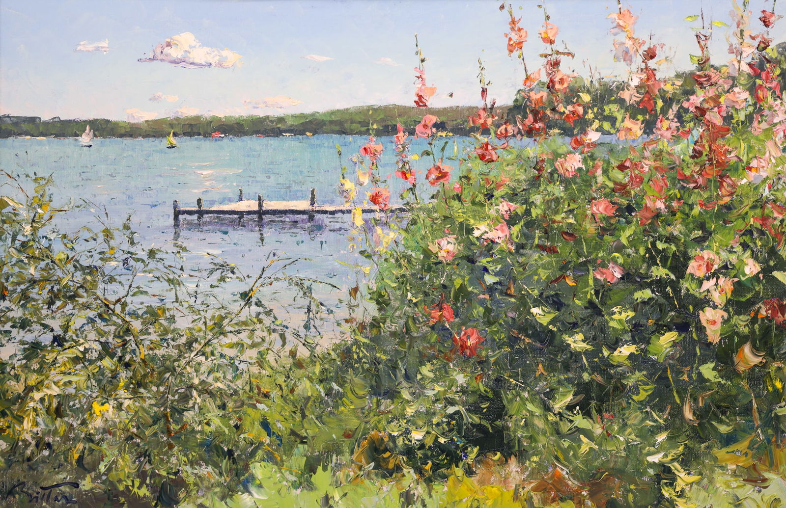 Pierre Bittar "Flowers and Sails" Large Oil on Canvas: Pierre Bittar (b.1934 French) "Flowers and Sails" Oil on Canvas 24"x36" Image. Signed lower left. Orante framing name placard 32"x44". Excellent condition.