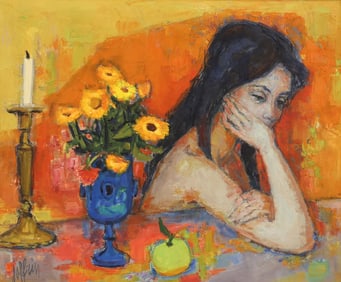 Guily Joffrin "Fille aux Soucis" Oil on Canvas