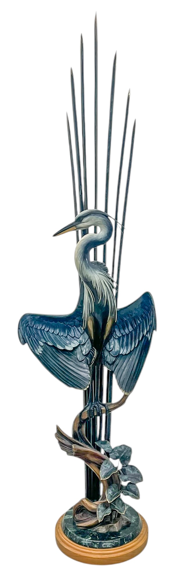 Steve Retzlaff "The Great Heron" 1998 Large Bronze Sculpture: Steve Retzlaff (20/21st Cent. American) "The Great Heron" 1998 Bronze Sculpture 64"x17". Exceptional patinated heron on branch with reeds. Signed and numbered 24 of 24 edition on branch. Excellent con
