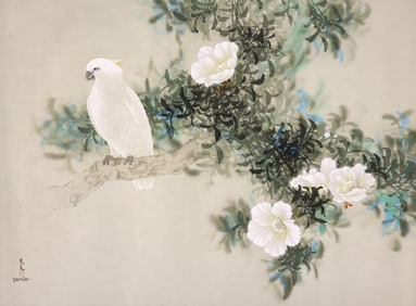 David Lee "White Parrot and Flowers" Watercolor on Silk