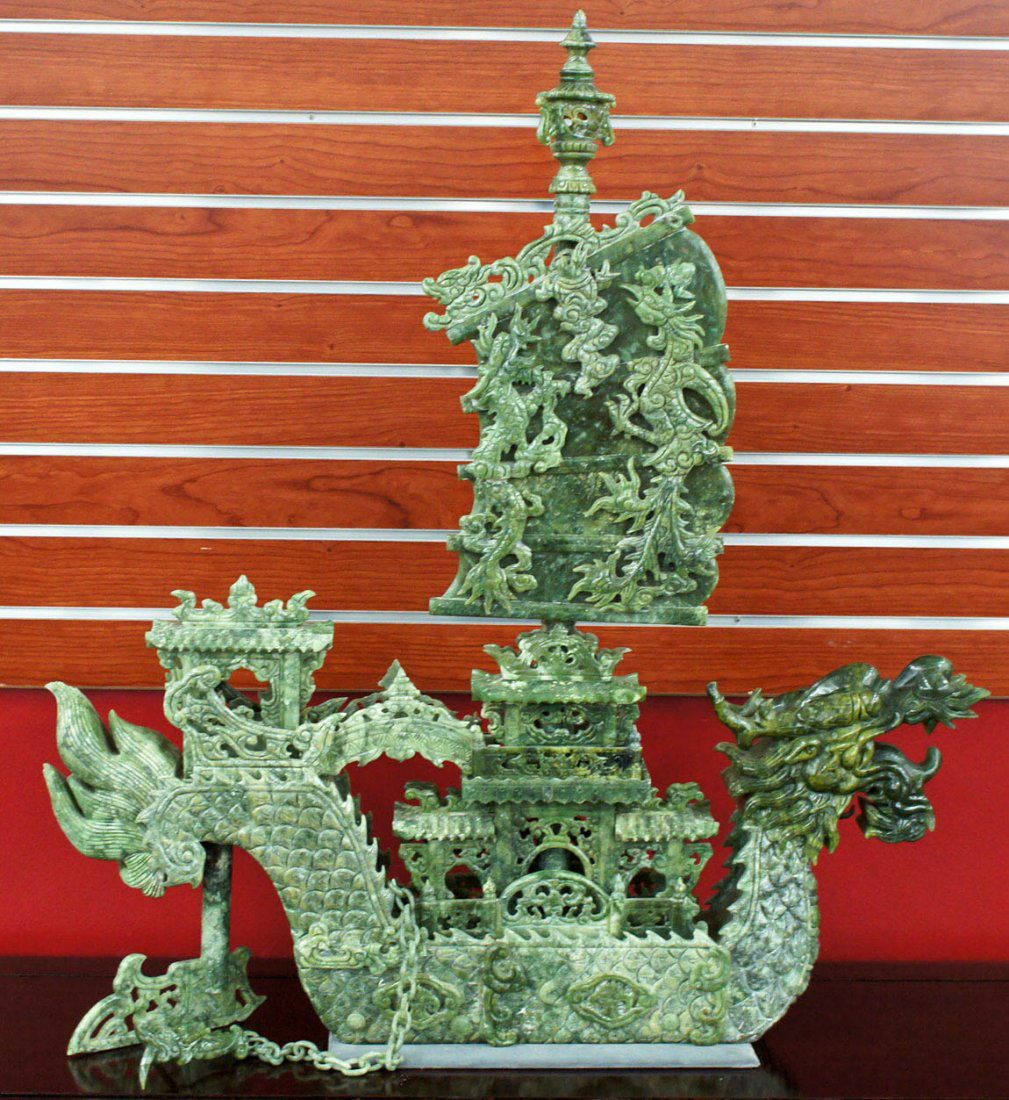 Monumental Chinese Carved Jade Dragon Ship Sculpture 34