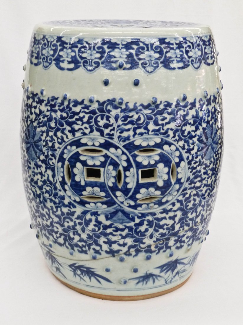Antique Chinese Blue & White Porcelain Garden Seat 18'': Antique Chinese Blue & White Porcelain Garden Seat 18''x13''. Large crack running through side. Estate of Pat Fleeson.