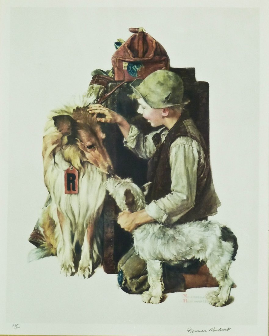 Norman Rockwell ''Raleigh Travels'' Boy with Dog Signed: Norman Rockwell ''Raleigh Travels'' Boy with Dog Signed Collotype Print 28''x22'' Image. Pencil signed and numbered 49 of 200 in bottom margin. Framed size 38.5''x32.5''.