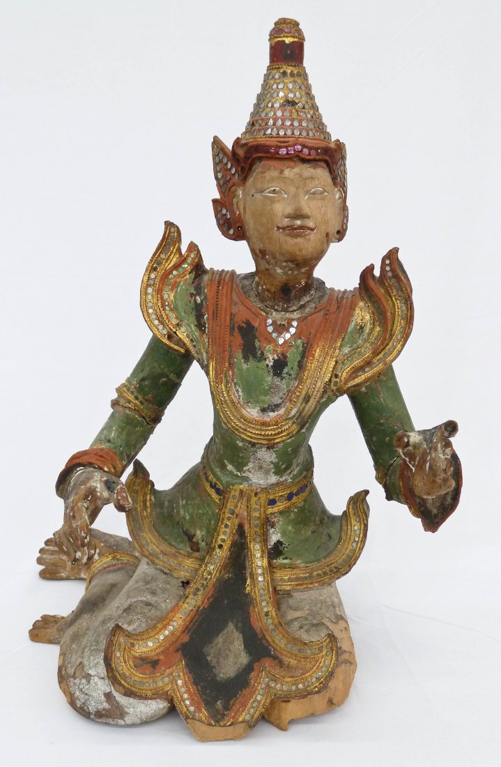 Antique Thai Carved & Jeweled Polychrome Wood Temple Gu: Antique Thai Carved & Jeweled Polychrome Wood Temple Guardian 16.5''x9.75''x8.5''. Various damage and wear from age. Estate of Pat Fleeson.