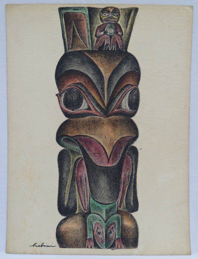 Helmi Juvonen (1903-1985 WA) 9-Part Northwest Totem Dra: Helmi Juvonen (1903-1985 WA) 9-Part Northwest Totem Drawings Colored Pencil/Paper 20''x15'' Each Sheet. Early collection of drawings including one of the full totem and then eight sectioned drawings o