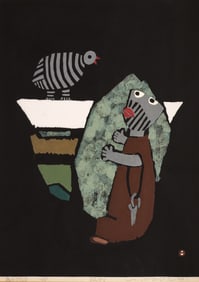 Umetaro Azechi "Talking with a Bird" 1968 Woodblock Print