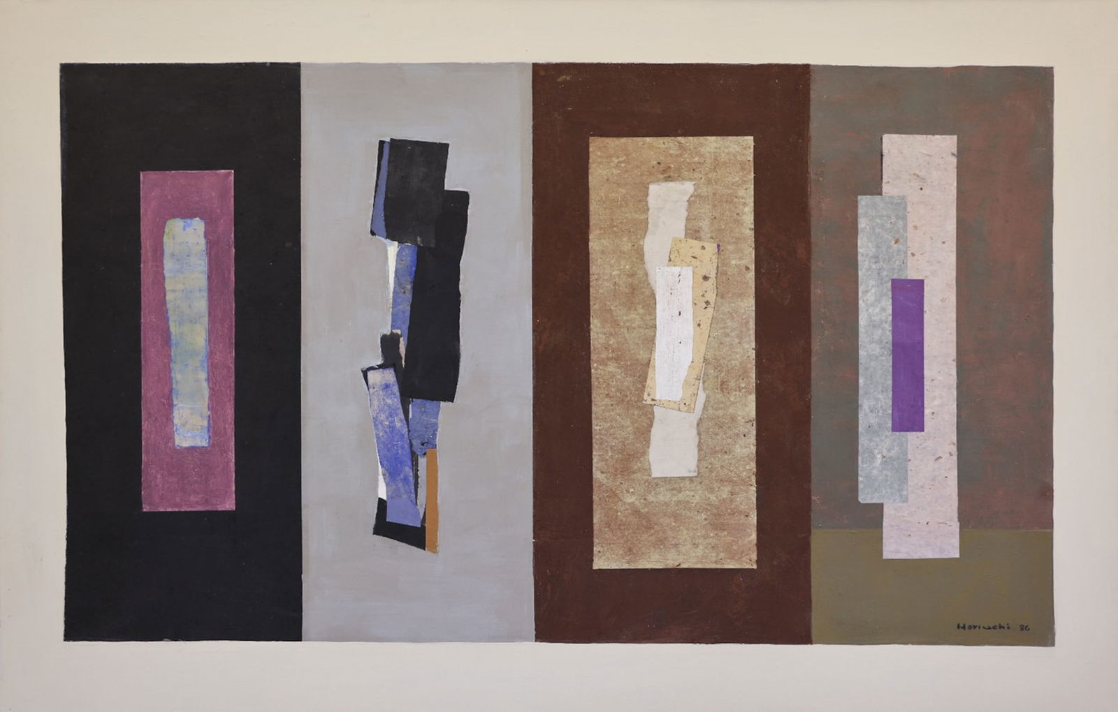 Paul Horiuchi "Fragments of Antiquity" 1986 Large Casein Collage: Paul Horiuchi (1906-1999 Washington) "Fragments of Antiquity" 1986 Casein Collage on Canvas 54"x84" Image. Impressive large screen-like composition. Signed and dated l.r. Original framing 55"x85". Exc