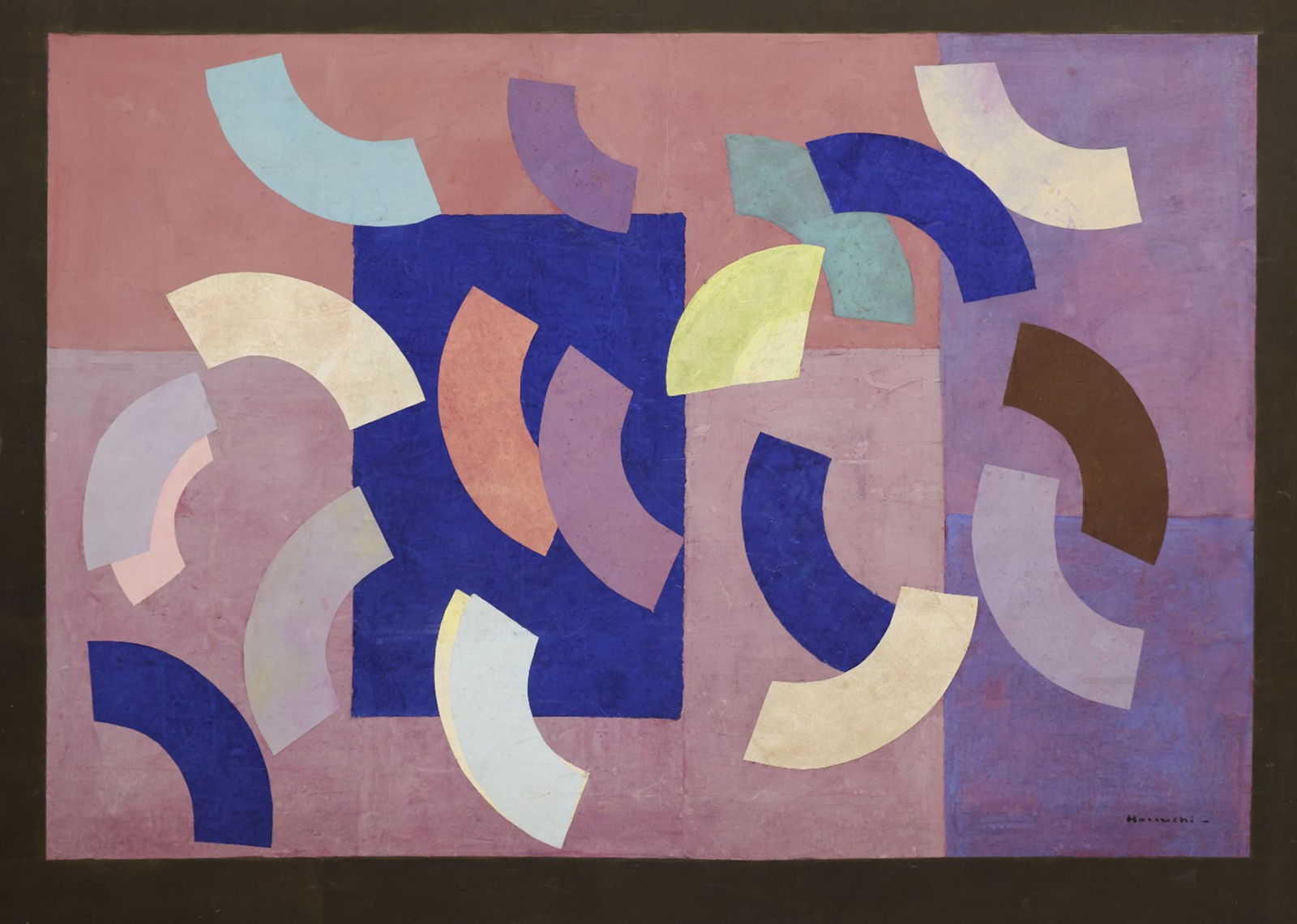 Paul Horiuchi ''Patterns and Colors from Antiquity'' 1983 Large Casein Collage: Paul Horiuchi (1906-1999 Washington) ''Patterns and Colors from Antiquity'' 1983 Casein Collage on Canvas 70''x96'' Image. A monumental composition with fan-shaped forms floating over verticals. Signe