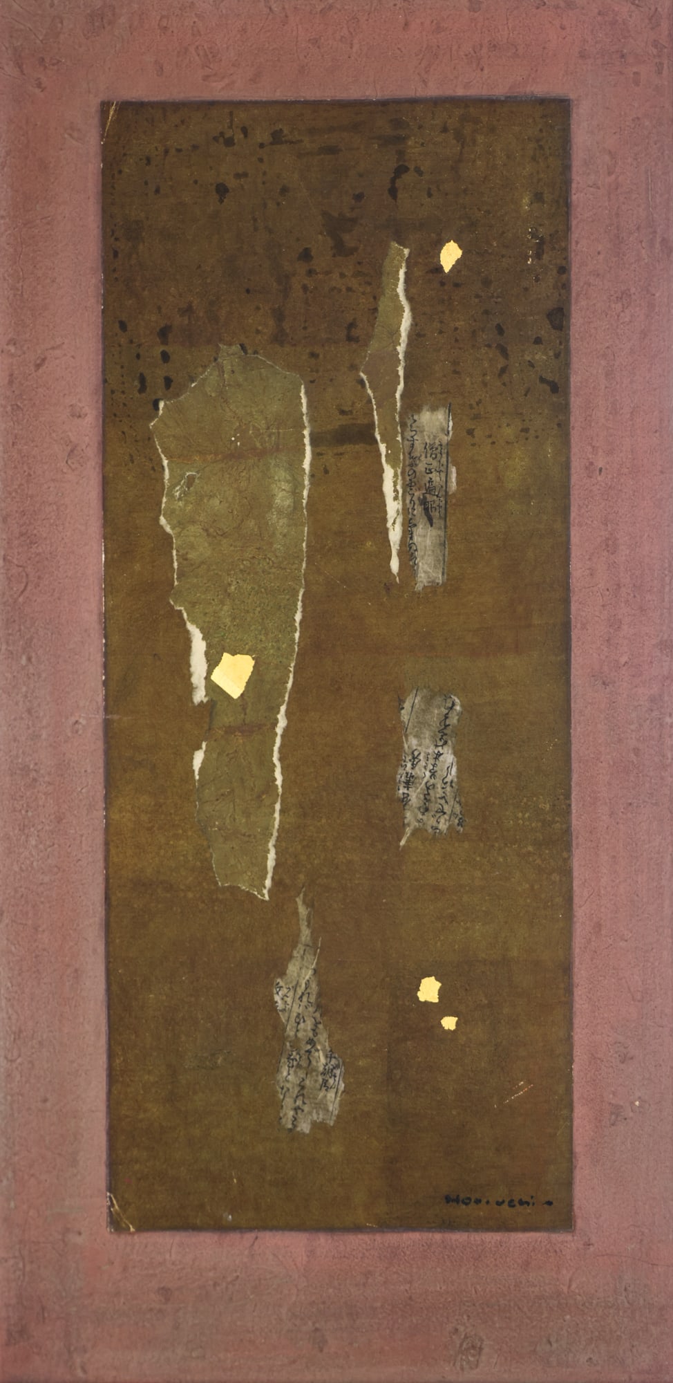 Paul Horiuchi "Fragments of Gold" Casein Collage on Board: Paul Horiuchi (1906-1999 Washington) "Fragments of Gold" Casein Collage on Board 23"x12" Image. Signed l.r. Original framing 25"x14". Excellent condition.