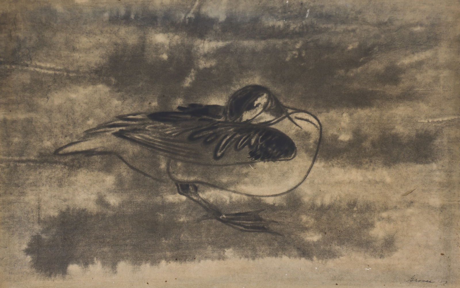 Morris Graves "Preening Duck" 1953 Offset Lithograph: Morris Graves (1910-2001 Washington) "Preening Duck" 1953 Offset Lithograph 20"x30" Image. Plate signed and dated l.r. Original framing 23"x33". A few scattered foxing spots and surface marks. Overall