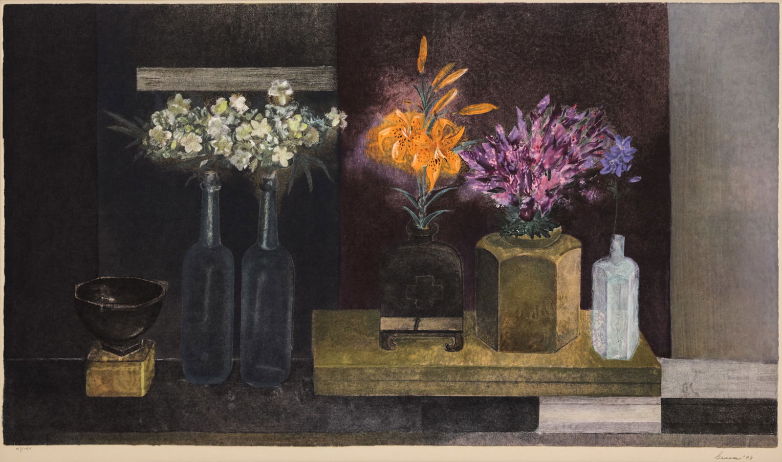 Morris Graves "Evening Light" 1993 Lithographs in Colors: Morris Graves (1910-2001 Washington) "Evening Light" 1993 Lithographs in Colors 26"x44.5" Image. Pencil signed and numbered 27 of 120 edition lower margin. Fine gallery framing with museum glass 38"x5