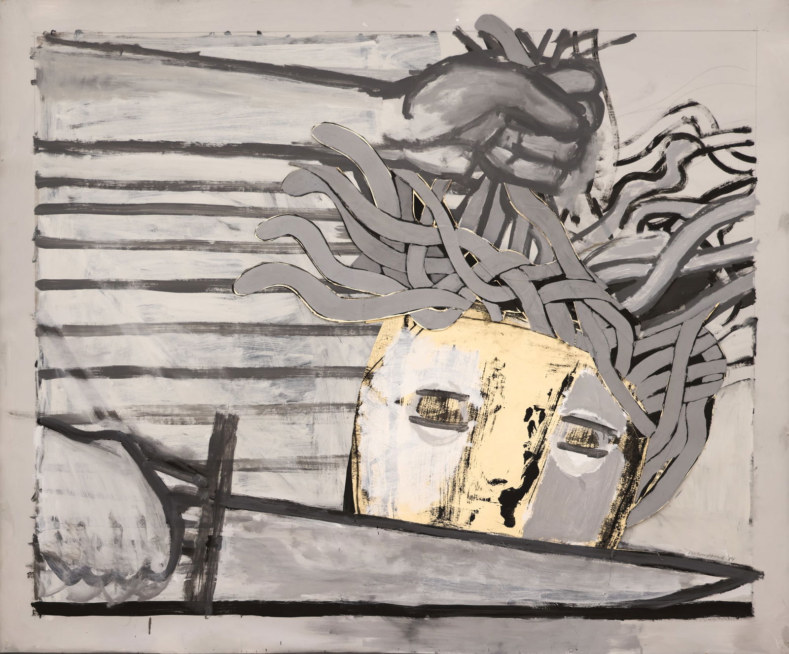 Michael Spafford ''Head of Medusa with Sword'' 1984 Acrylic with Collage: Michael Spafford (1935-2022 Washington) ''Head of Medusa with Sword'' 1984 Acrylic with Collage on Paper 51.5''x62'' Image. Signed and dated l.r. with Francine Seders Gallery, Seattle label on verso.