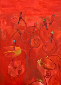 Elizabeth Sandvig "Red Trogons" (Birds) 2002 Large Oil on Canvas