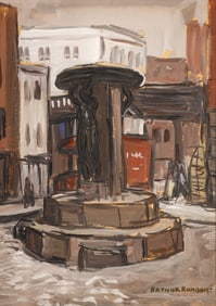 Arthur Runquist "Skidmore Fountain" Casein on Board