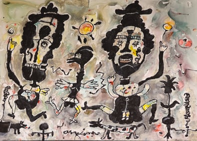 Alden Mason "Friends with Spirit Bird" Mixed Media on Paper