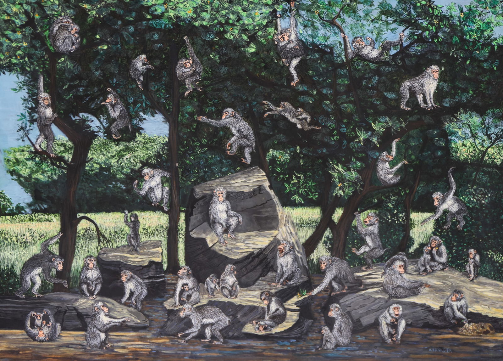 Virginia Banks "Picnic in the Park" (Monkeys) 1972 Watercolor on Paper: Virginia Banks (1920-1985 Washington) "Picnic in the Park" (Monkeys) 1972 Watercolor on Paper 8.25"x11.5" Image. Signed and dated l.r. with title label on verso. Original float mounted framing 13"x16"