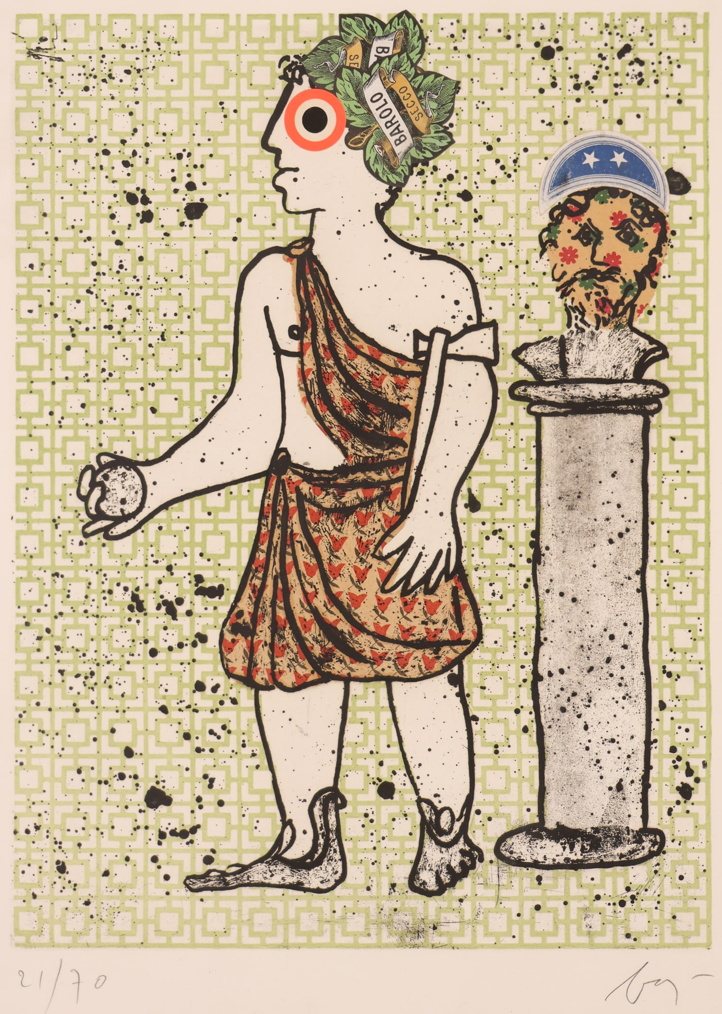 Enrico Baj "Caius Flavius Valerius Claudius Constantinus" 1972 Aquatint: Enrico Baj (1924-2003 Italian) "Caius Flavius Valerius Claudius Constantinus" 1972 Aquatint Etching with Collage 15.5"x11.5" Impression. Pencil signed and numbered 21 of 70 edition lower margin. From