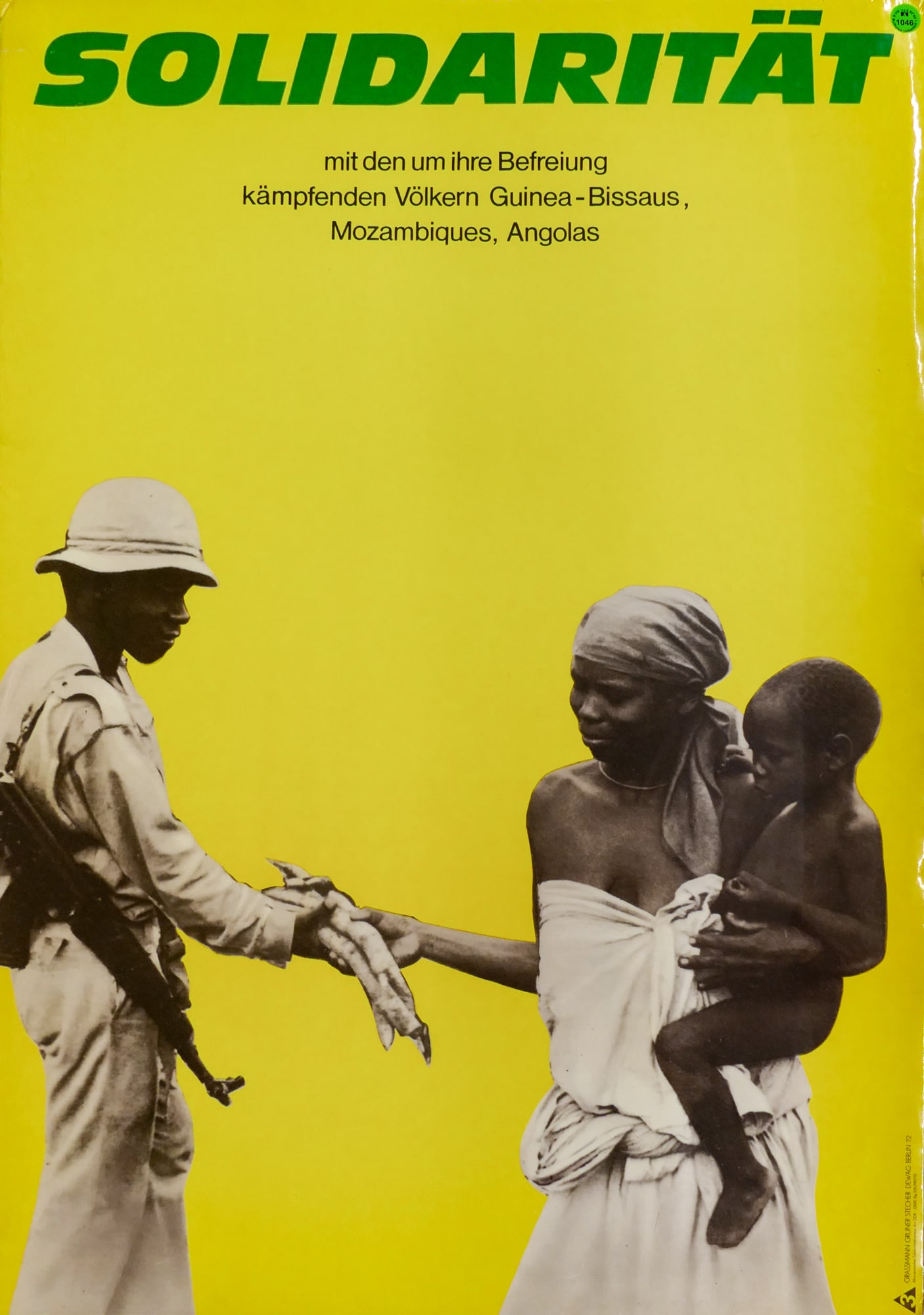 Vintage "Solidaritat" East German Political Poster: Vintage "Solidaritat" 1972 East German Political Poster. Published by the Afro-Asian Solidarity Committee of the German Democratic Republic (GDR). 32"x23" Loose. Strong colors with minor roll creases