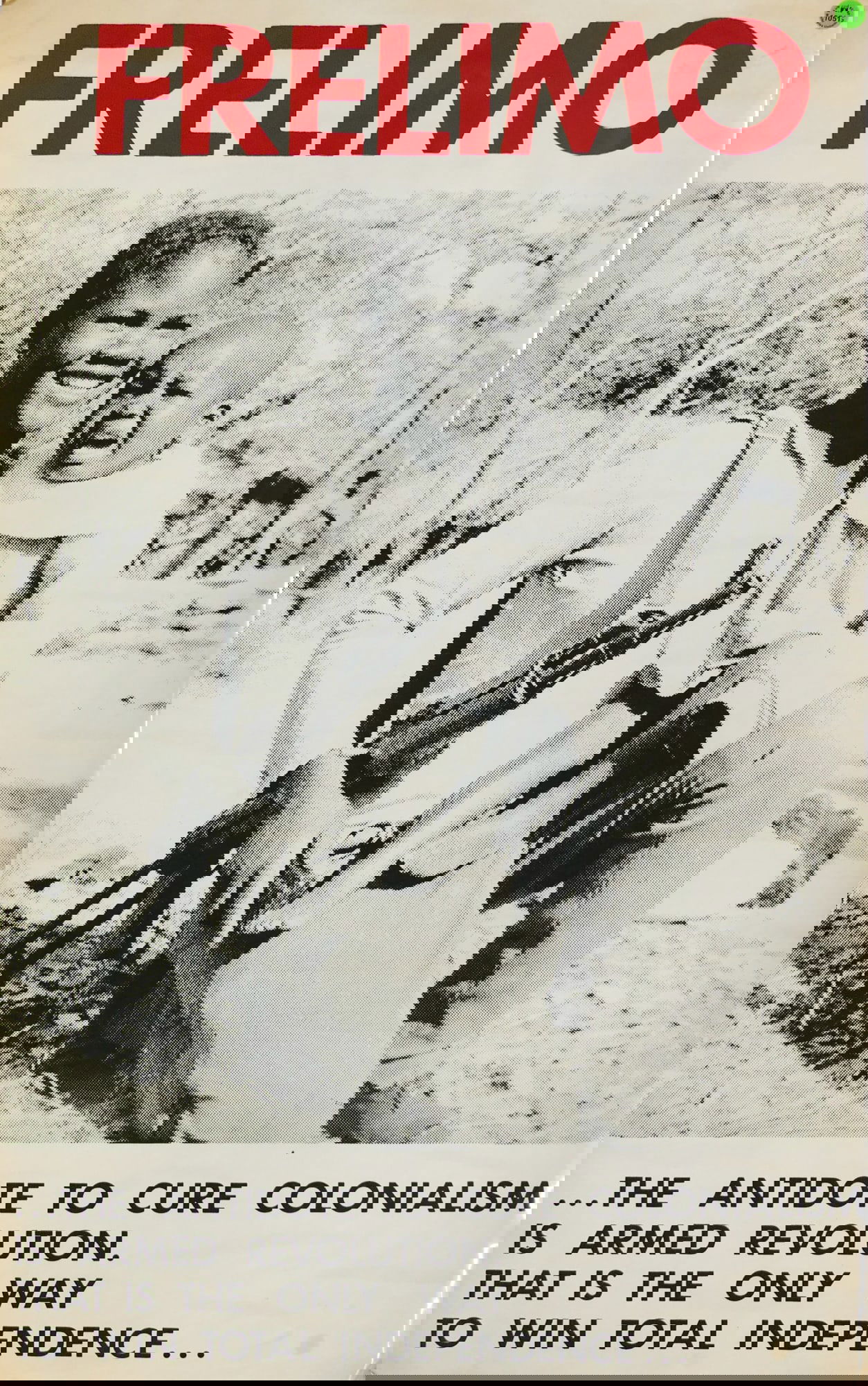 Vintage "Frelimo" Mozambique Political Poster: Vintage "Frelimo" Mozambique Political Poster. Published by The Liberation Front of Mozambique (FRELIMO). 35"x22" Loose. Overall good condition with minor staining and creases at corners.