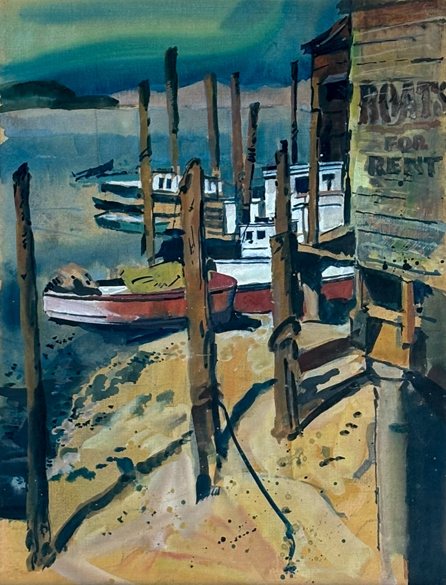 Harry Bonath "Boats for Rent" Watercolor on Paper: Harry Bonath (1903-1976 Washington) "Boats for Rent" Watercolor on Paper 15.5"x12" Image 19"x19" Framed. Signed on verso. Excellent condition, not examined outside of framing.