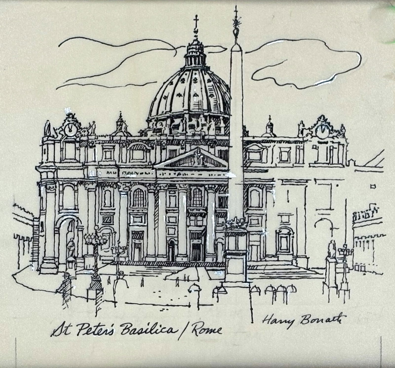 Harry Bonath "Saint Peter's Basilica" Ink on Paper (1 of 2)
