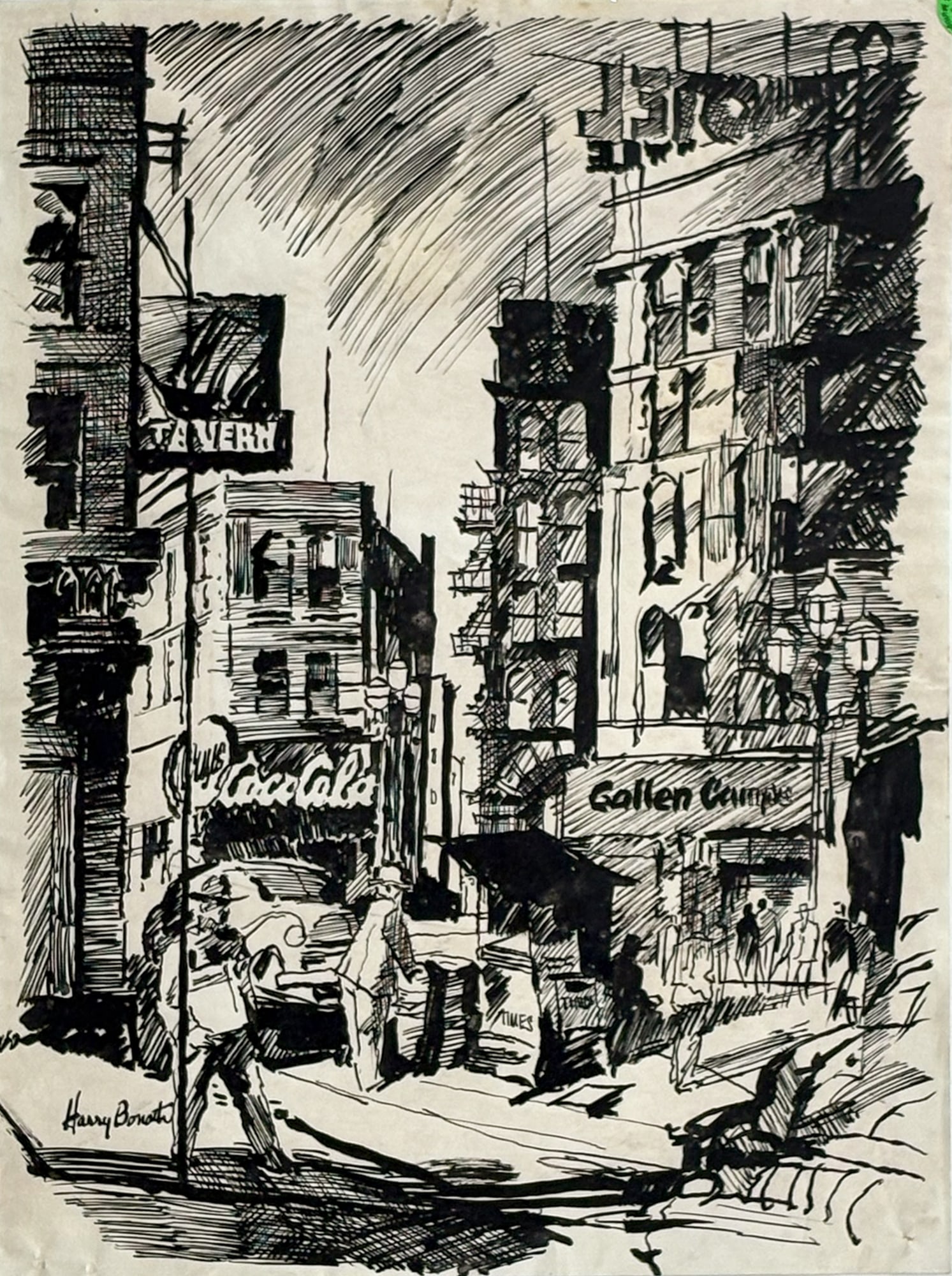 Harry Bonath "Coca Cola Corner" Ink on Paper: Harry Bonath (1903-1976 Washington) "Coca Cola Corner" Ink on Paper 13.5"x10" Sheet. Loose, unframed. Signed lower left. Minor spotting and ripples.