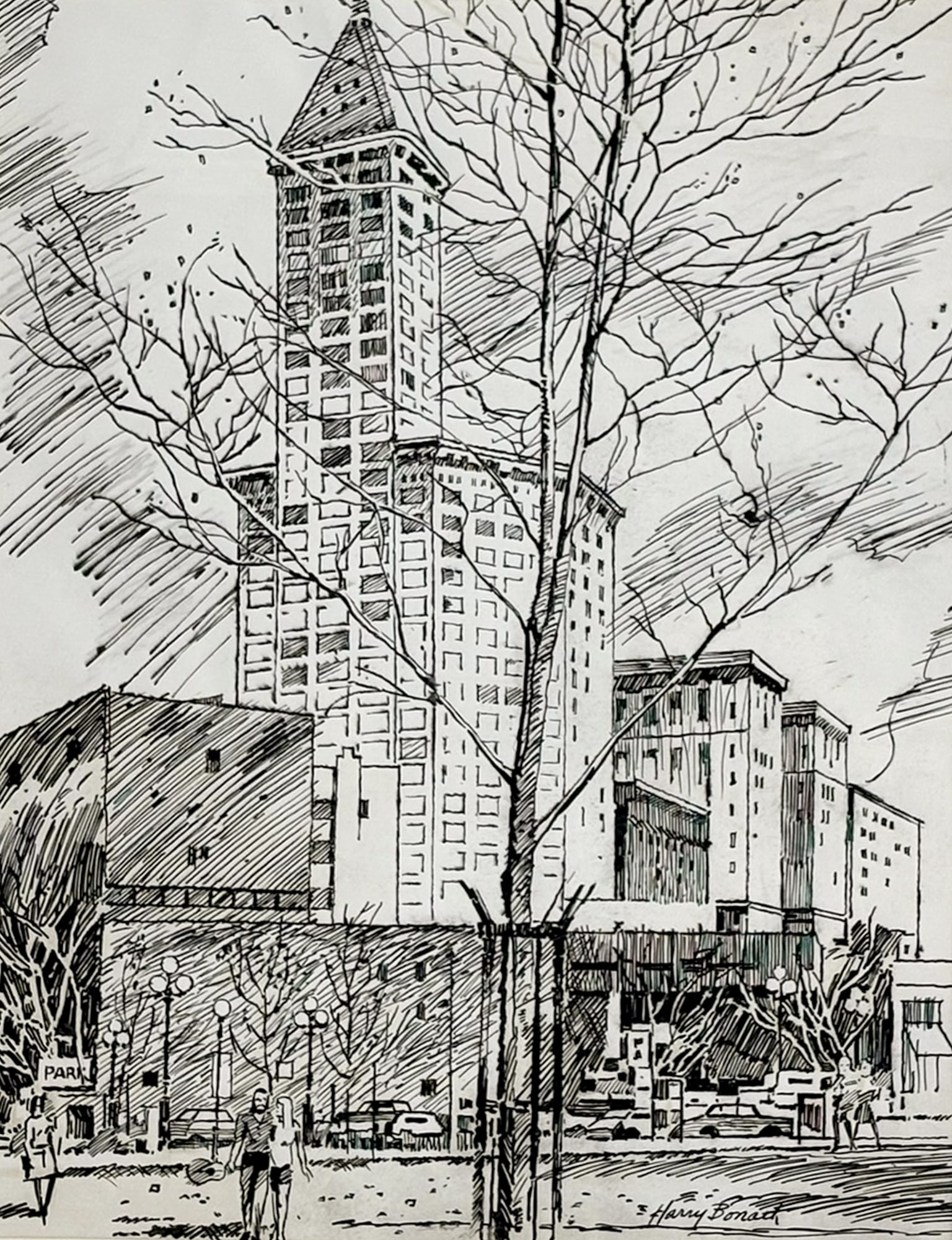 Harry Bonath "Smith Tower" Ink on Paper: Harry Bonath (1903-1976 Washington) "Smith Tower" Ink on Paper 13"x10.5" Image 20"x16" Matted. Signed lower right. Excellent condition.