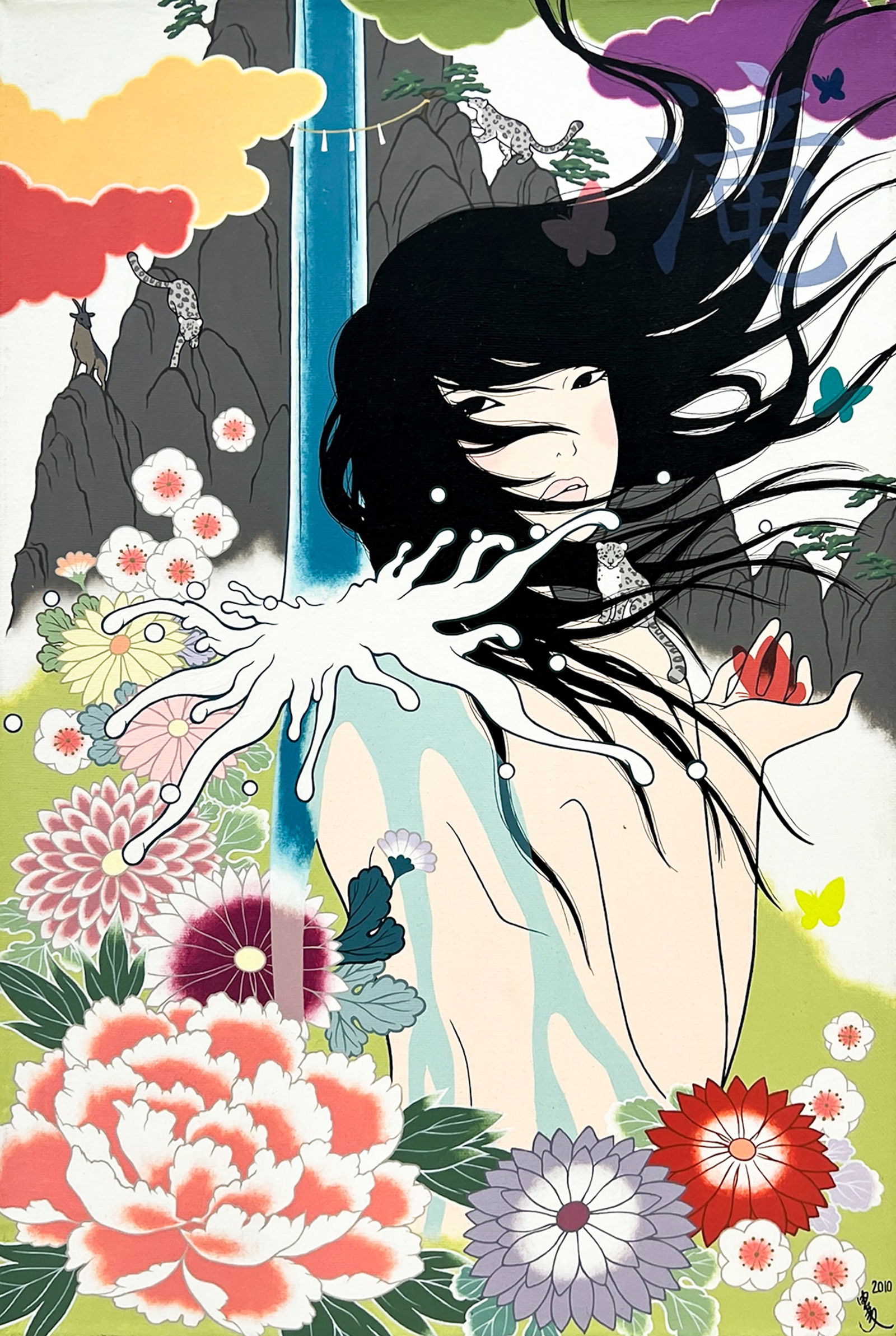 Yumiko Kayukawa "Waterfall" 2010 Acrylic & Ink on Canvas: Yumiko Kayukawa (b. 1970 Japanese) "Waterfall" 2010 Acrylic & Ink on Canvas 18"x12" Unframed. Signed lower right. Excellent condition.