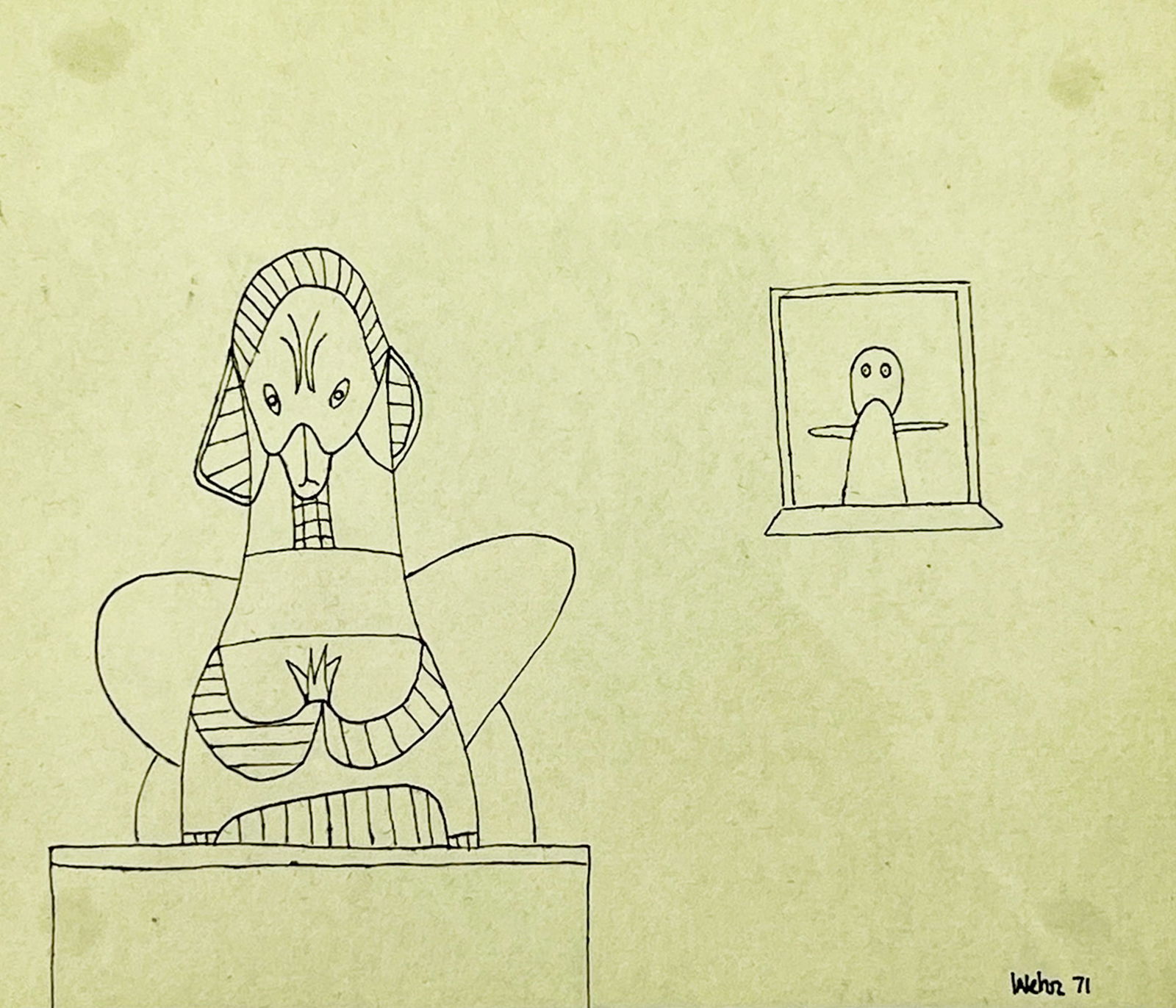 Wesley Wehr "Interview" 1971 Ink on Paper: Wesley Wehr (1929-2004 Washington) "Interview" 1971 Ink on Paper 4"x5" Image 13"x13" Framed. Signed lower right. Excellent condition, not examined outside of framing.