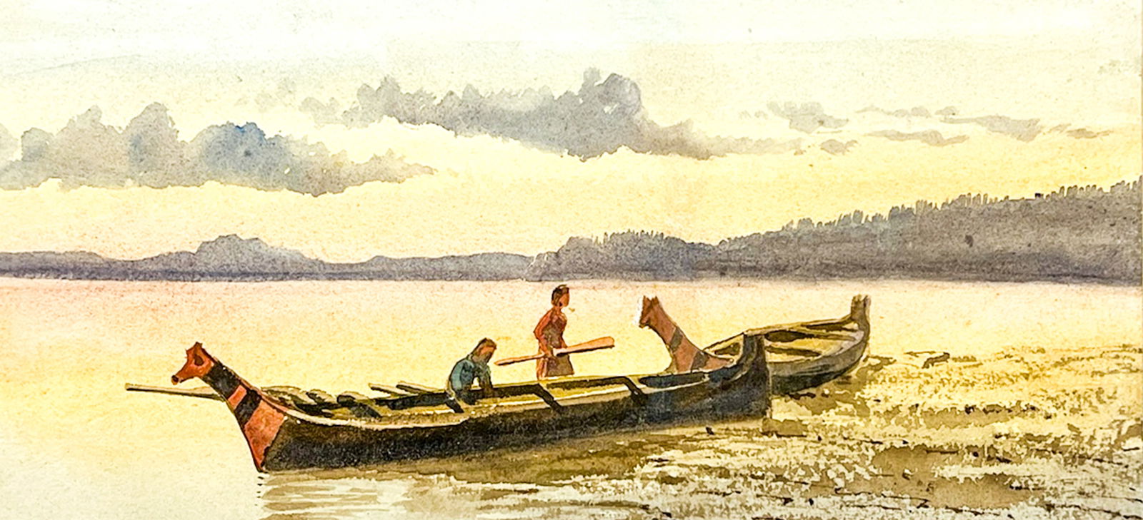 Attributed to John Arthur Fraser "Haida Canoes on the Shore" Watercolor on Paper: Attributed to John Arthur Fraser (1838-1898 Canadian) "Haida Canoes on the Shore" Watercolor on Paper 6"x13" Image 12"x18" Framed. Unsigned. Excellent condition, not examined outside of framing.