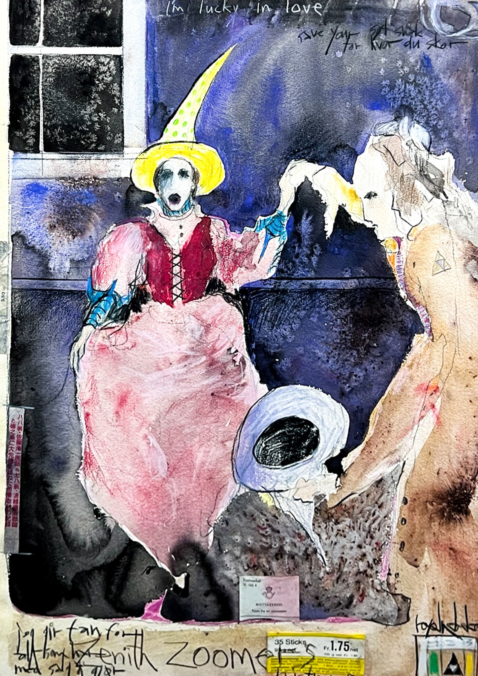 Royal Nebeker ''Zoomers'' Mixed Media with Collage on Paper: Royal Nebeker (1945-2014 Oregon) "Zoomers" Mixed Media with Collage on Paper 22"x15" Sight 27"x20" Framed. Signed lower right. Excellent condition.