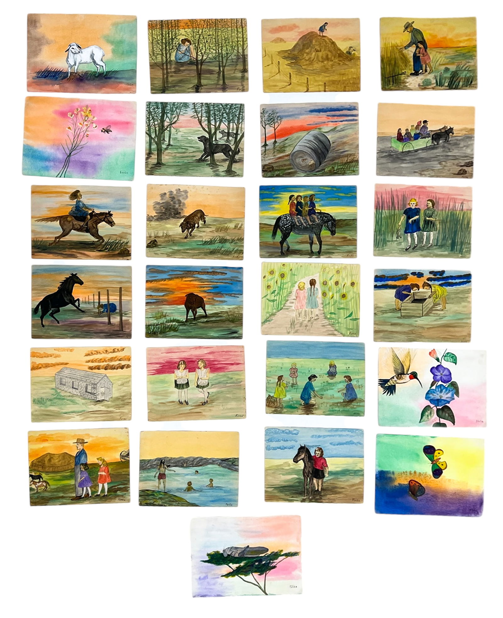 25pc Artist Unknown Watercolors on Paper: 25pc Artist Unknown Watercolors on Paper 13.5"x10" Sheet Each. Loose, unframed. Signed "Fonta" lower right. Excellent condition.