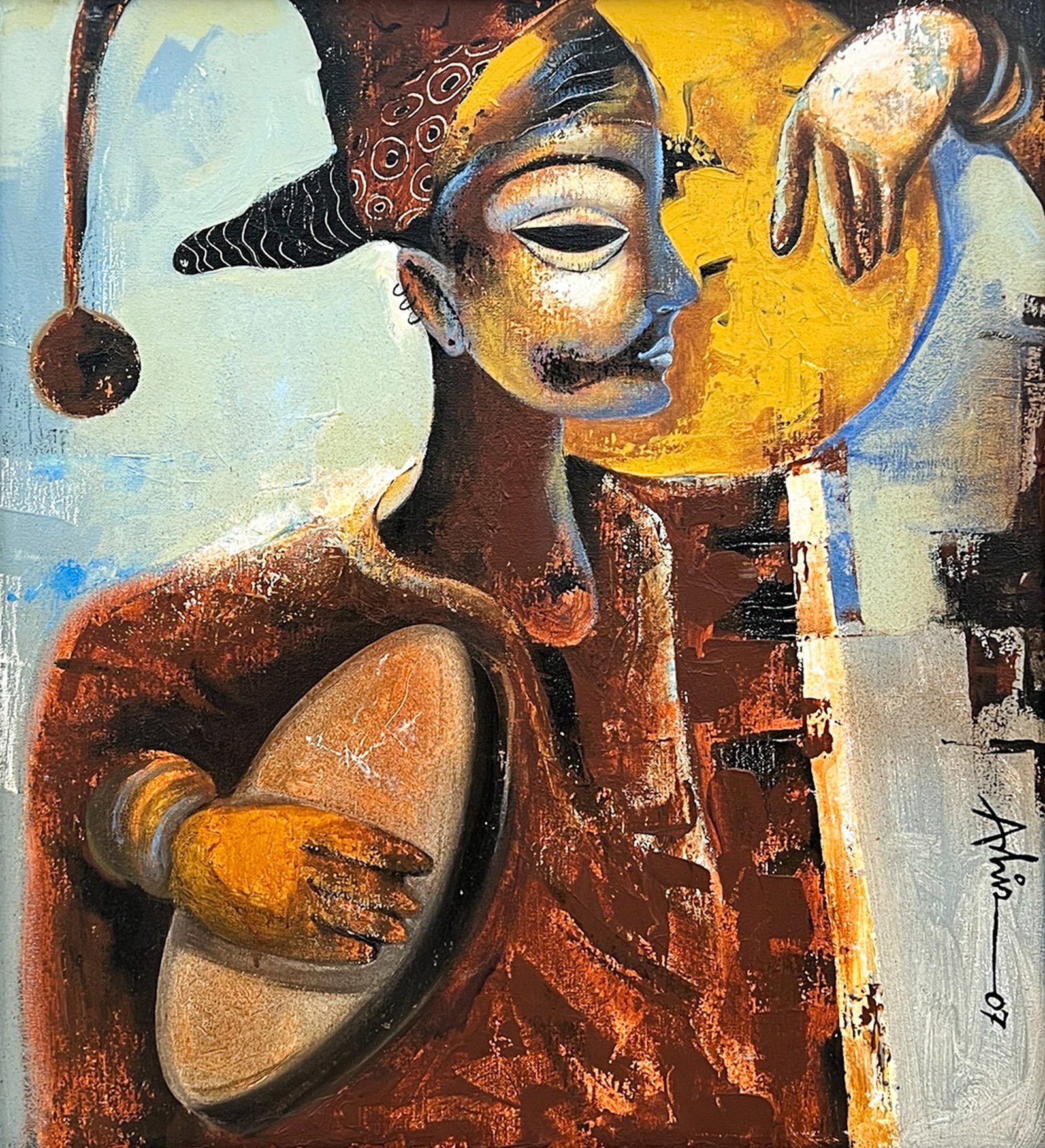 Ashis Mondal "Music" 2007 Oil & Acrylic on Canvas: Ashis Mondal (b. 1978 Indian) "Music" 2007 Oil & Acrylic on Canvas 23.5"x21" Image 31"x28.5" Framed. Signed lower right. Excellent condition, not examined outisde of framing.