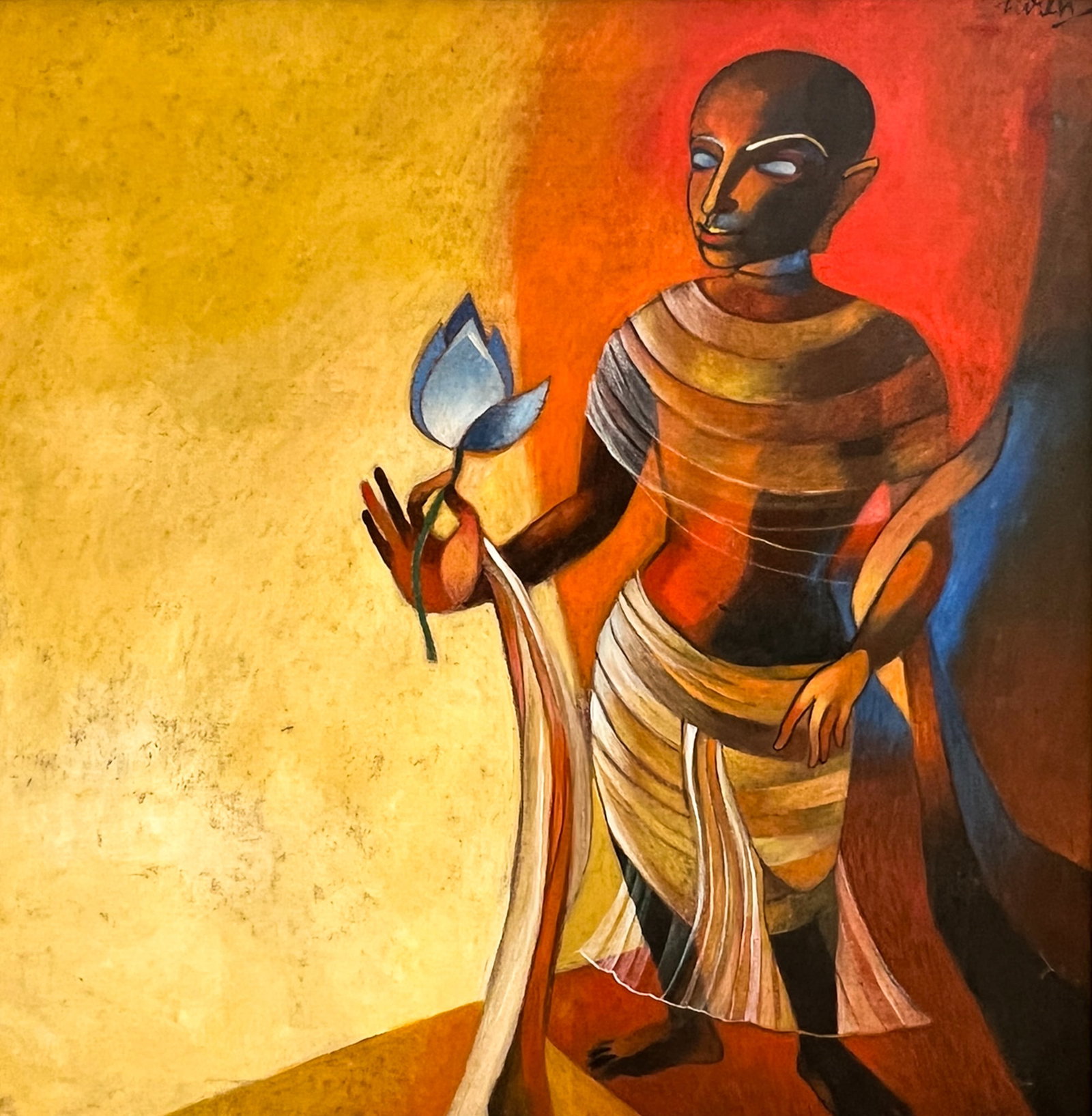 Niren Sen Gupta "Woman & Flower" Acrylic on Canvas: Niren Sen Gupta (b. 1940 Indian) "Woman & Flower" Acrylic on Canvas 33"x32" Image 38"x37" Framed. Signed upper right. Excellent condition, not examined outside of framing.