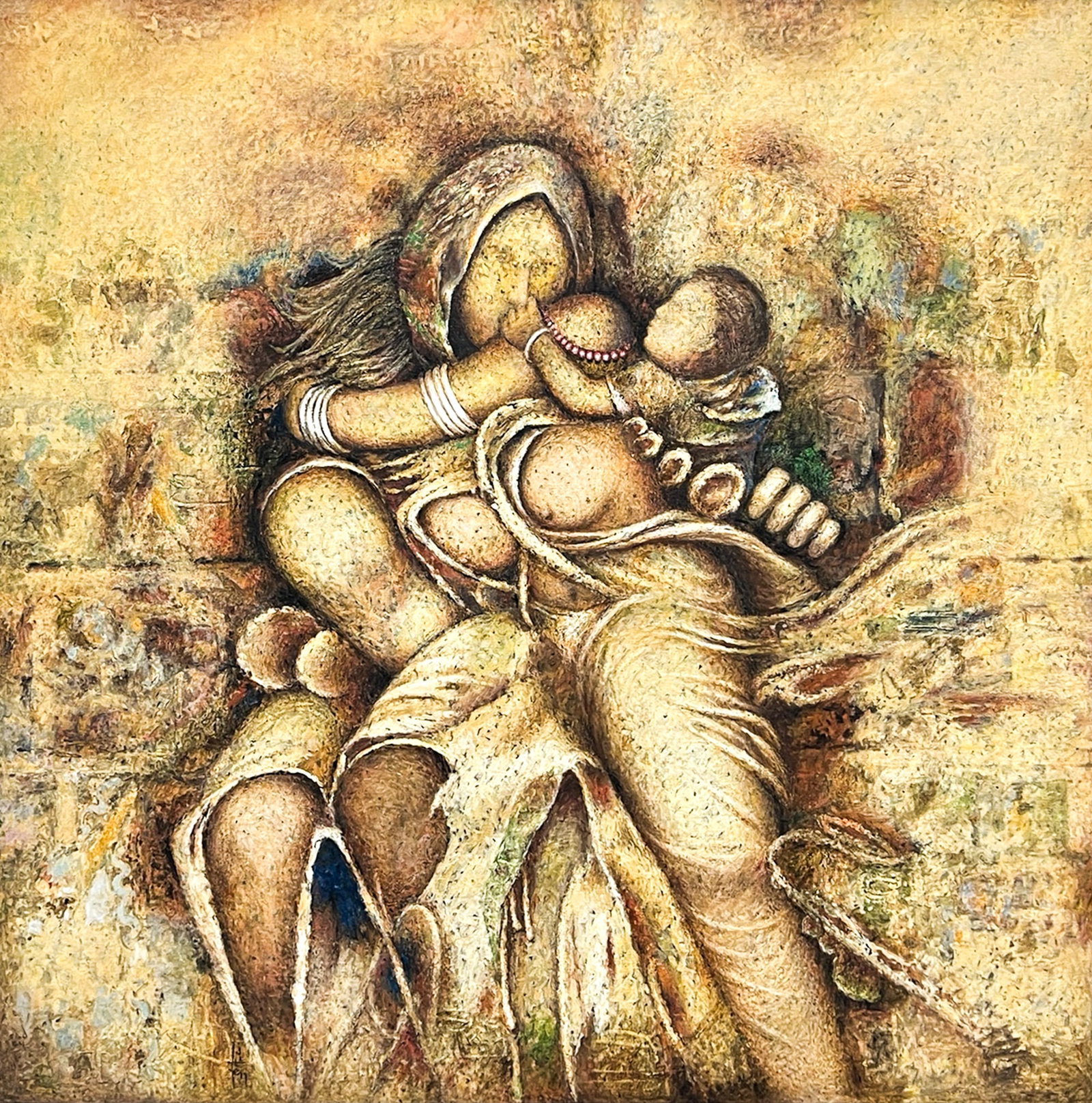 Jiten Hazarika "Mother & Child" Oil on Canvas: Jiten Hazarika (20th/21st Cent. Indian) "Mother & Child" Oil on Canvas 30"x30" Image 36"x36" Framed. Unsigned. Excellent condition, not examined outside of framing.