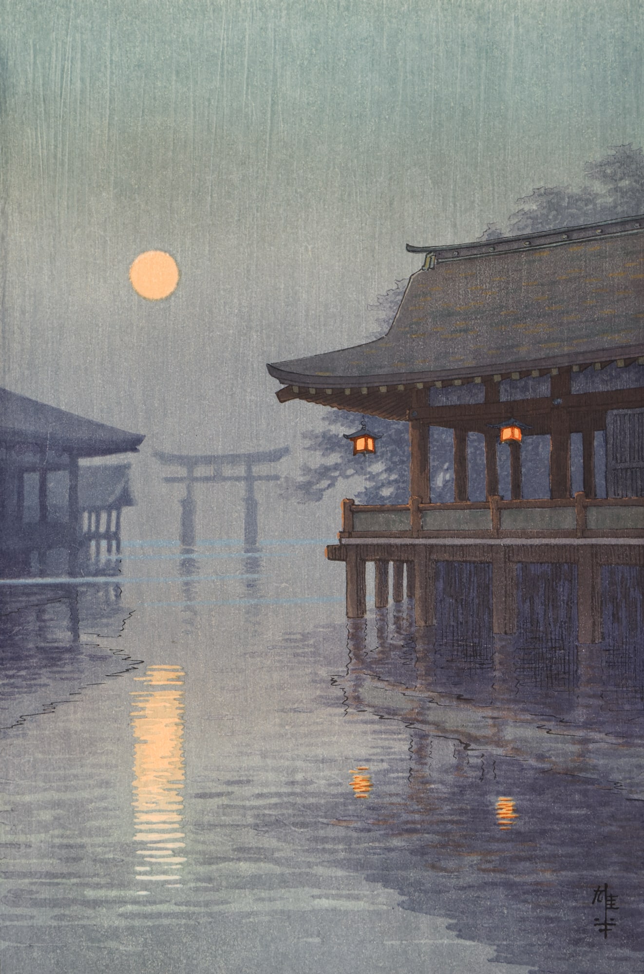 Ito Yuhan "Miyajima in the Moonlight" 1930 Woodblock Print (1 of 3)