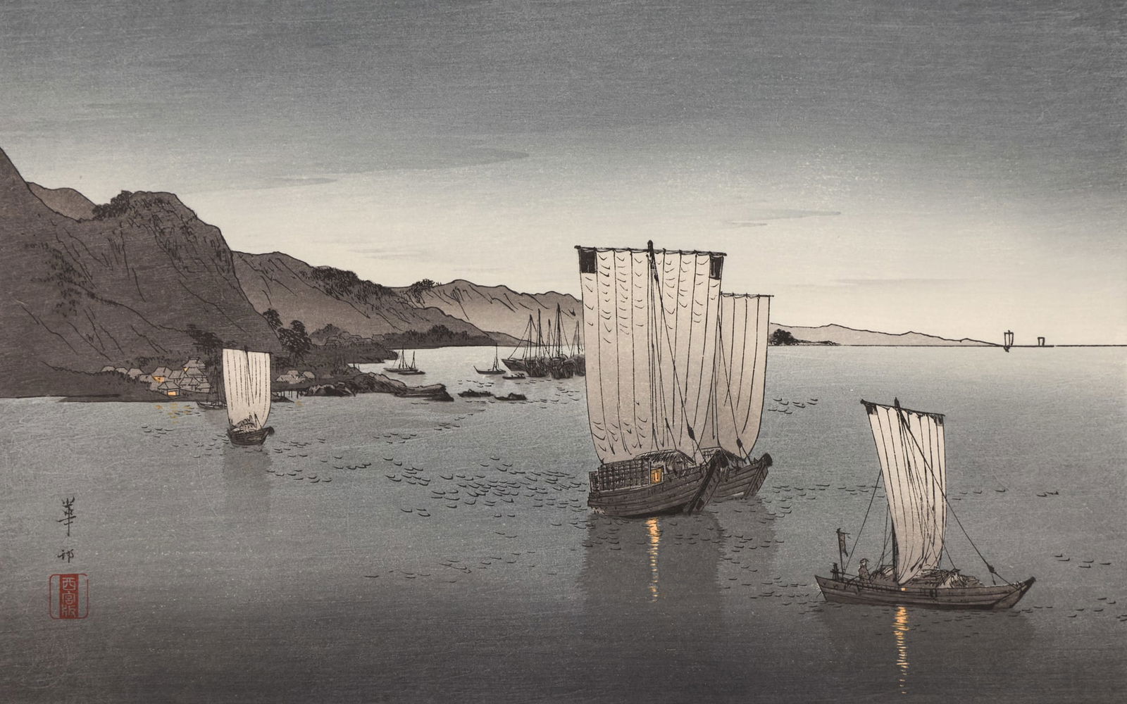 Suzuki Kason "Evening at Kominato Bay" 1930's Woodblock Print (1 of 3)