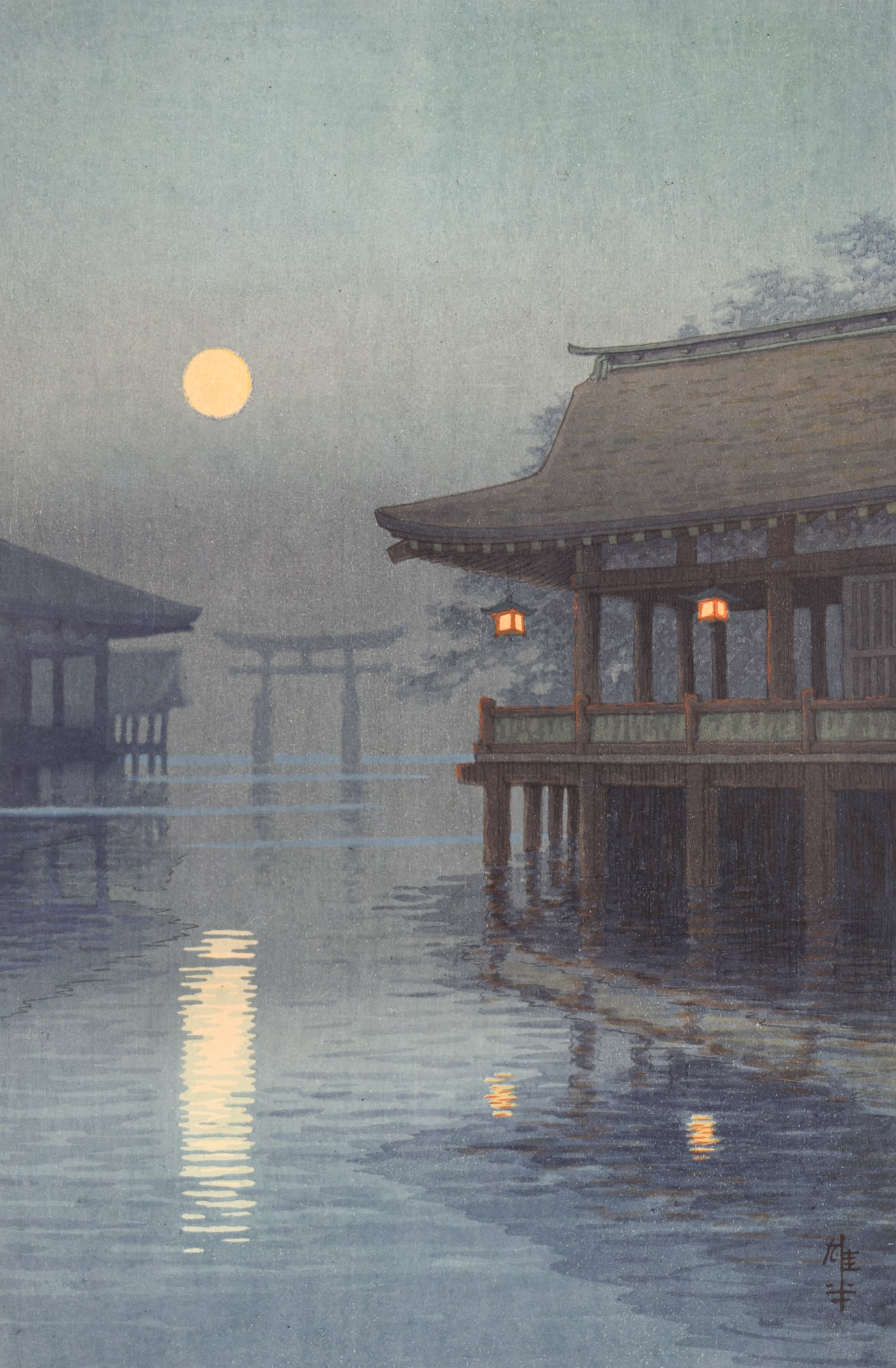 Ito Yuhan "Miyajima in the Moonlight" 1930 Woodblock Print (1 of 2)