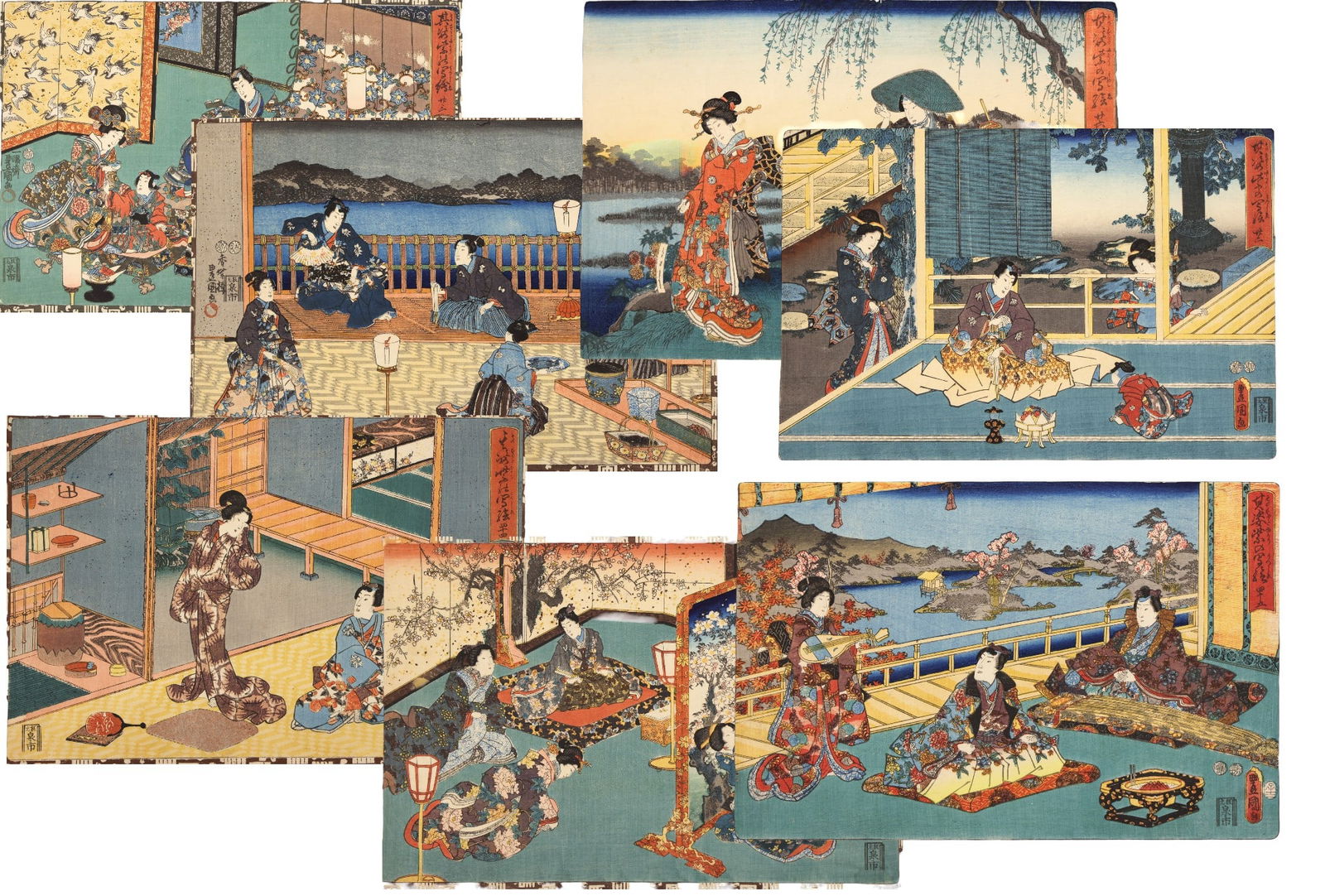 7pc Toyokuni III "Tales of Genji" 19th Cent. Japanese Woodblock Prints (1 of 9)
