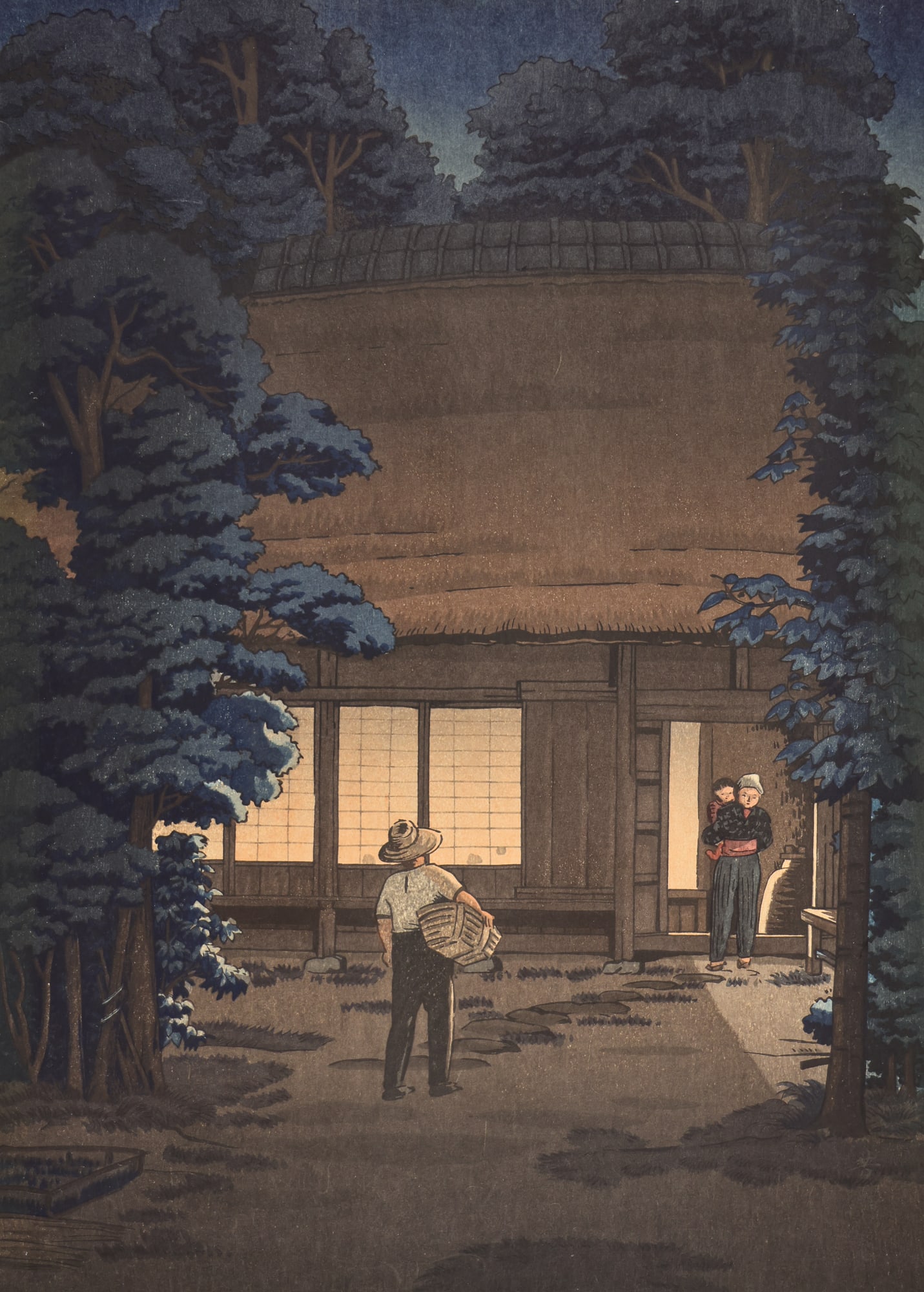 Ishiwata Koitsu "Suburb of Musashino" 1950 Woodblock Print: Ishiwata Koitsu "Suburb of Musashino " 1950 Woodblock Print 16 "x11.75 " Sheet. Posthumous printing. Some light toning with tape marks on margin verso. Overall excellent condition with strong colors.