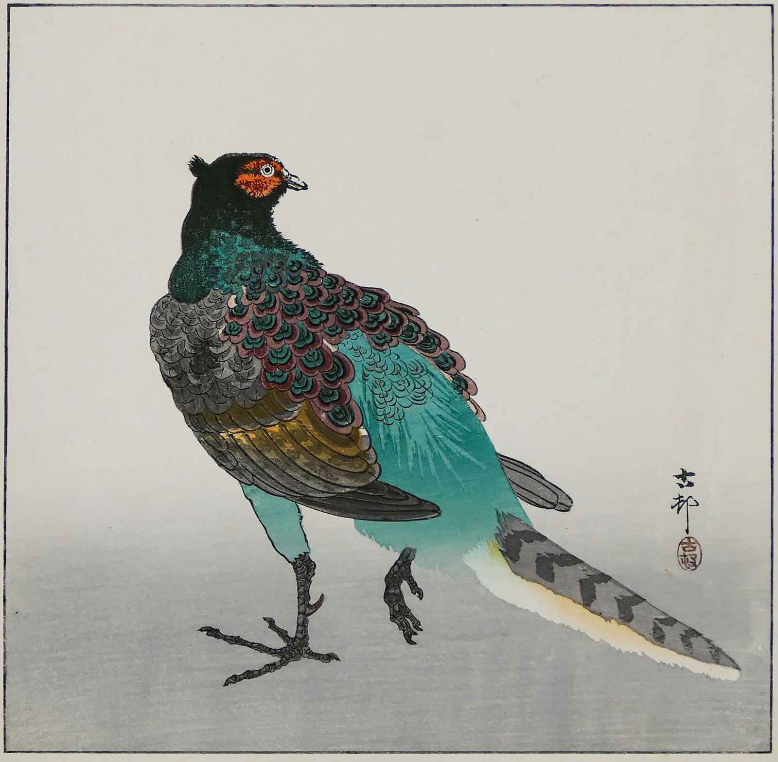 Ohara Koson "Pheasant" Japanese Woodblock Print: Ohara Koson "Pheasant " Japanese Woodblock Print 11 "x11.25 " Sheet. Hinge mounted at top eges. Overall excellent condition with strong colors. Matted size 20 "x16 ".