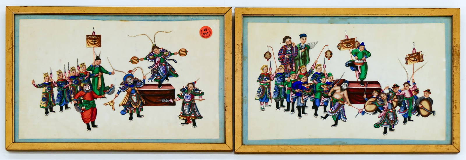 2pc Antique Chinese Parade Pith Paper Paintings Framed